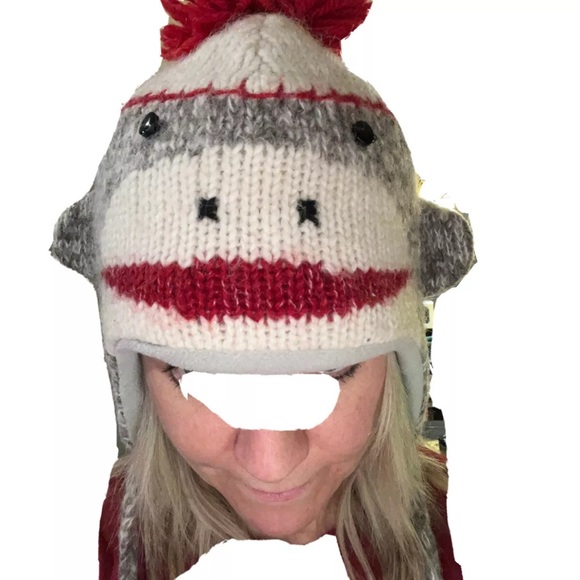 DELUX Gray monkey Face WOOL BLEND Knit Hat RED Pom On Top, Hanging Ties W/ Poms - Picture 3 of 9